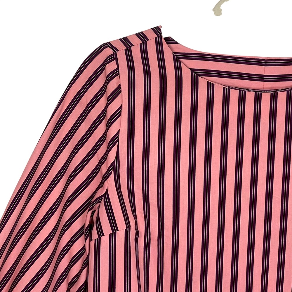 Topshop US 6 Pink Purple Black Stripe Cropped Puff Sleeve Cotton‎ Blouse - Picture 9 of 13